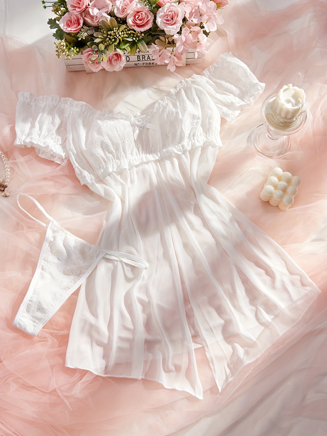 Mid Rise Semi-Sheer Mesh Lingerie Set with Floral Lace Ruffle - Elegant Sleepwear for Women with High Elasticity, Polyester and Elastane Fabric, Enhancing Confidence and Seduction.