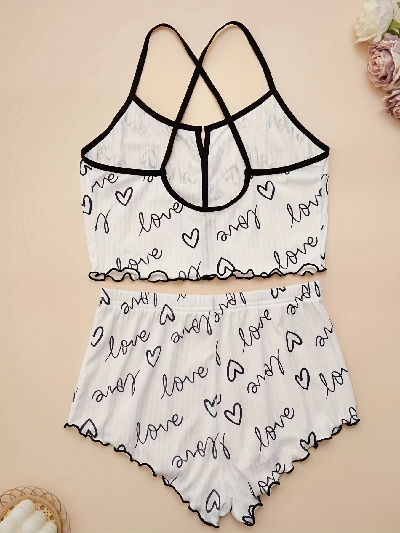 Women's Heart Print Pajama Set with Criss Cross Back Cami Top and Lettuce Trim Shorts - Comfortable Sleepwear and Loungewear.