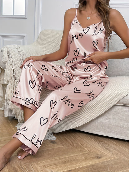 Cozy Letter Print Pajama Set - Soft V Neck Cami Top, Elastic Waistband Pants, Comfortable Women's Sleepwear & Loungewear for Relaxation.