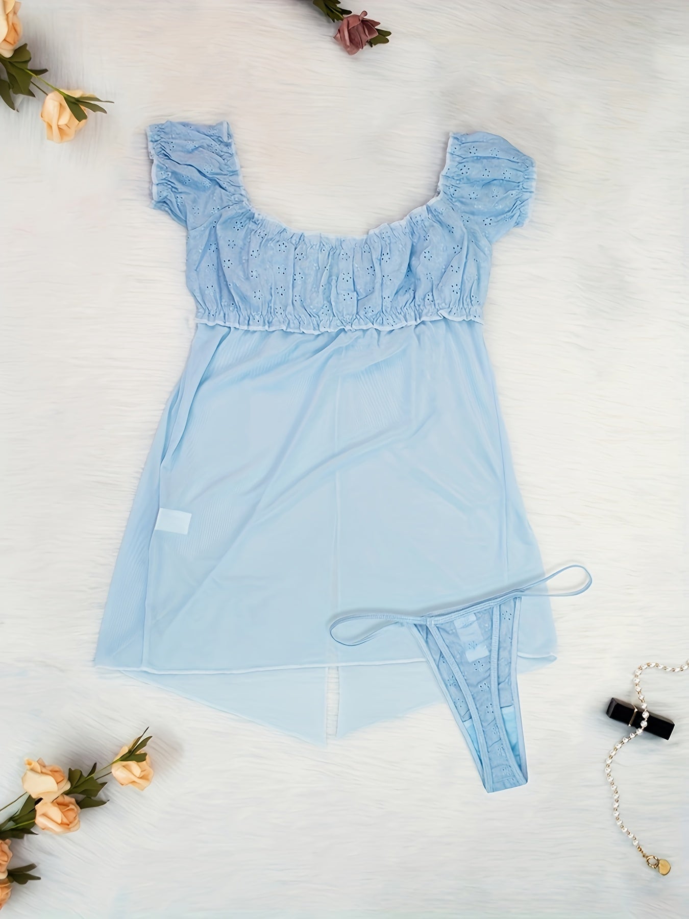 Mid Rise Semi-Sheer Mesh Lingerie Set with Floral Lace Ruffle - Elegant Sleepwear for Women with High Elasticity, Polyester and Elastane Fabric, Enhancing Confidence and Seduction.