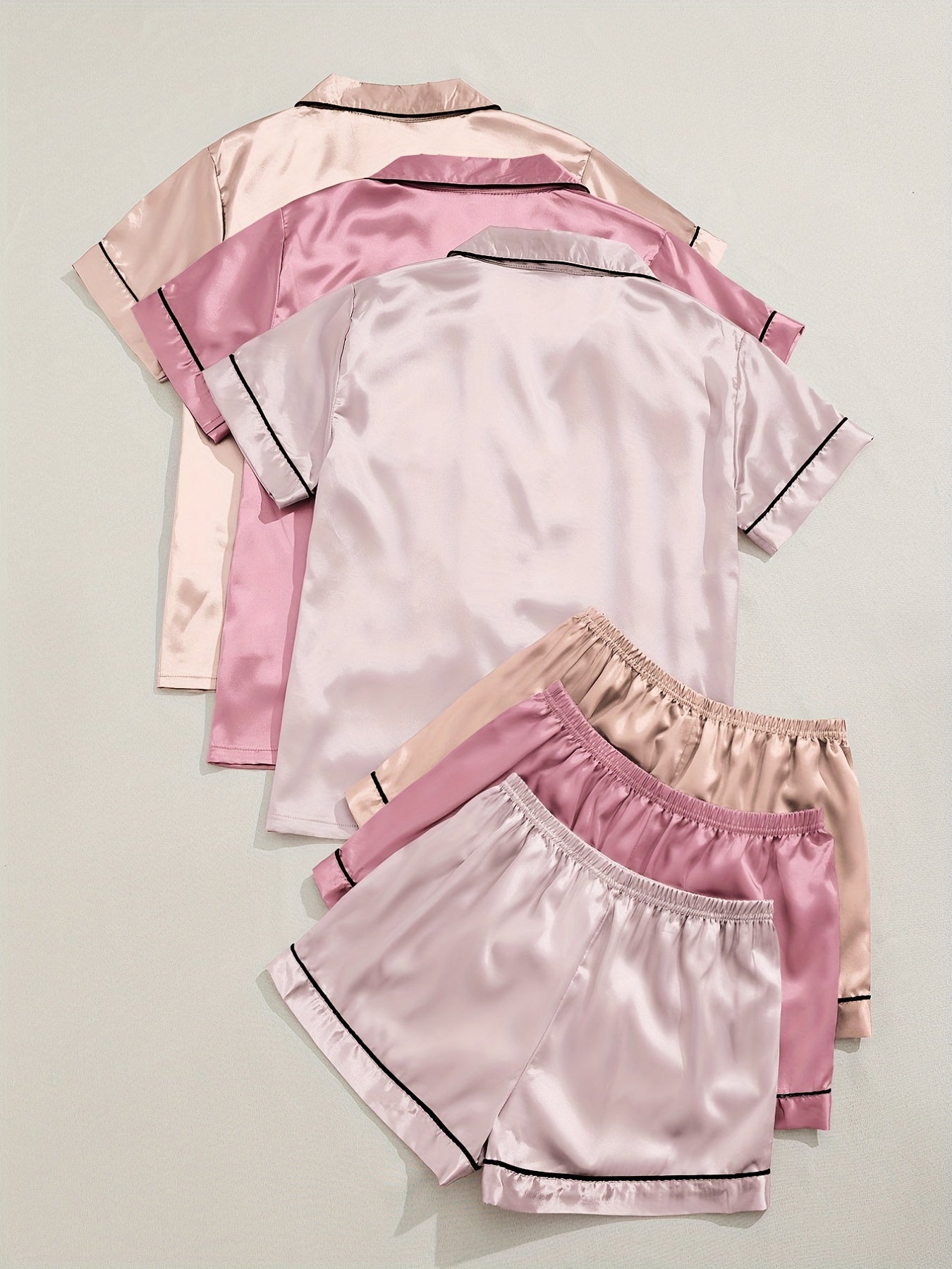HRZN 3 Sets Satin Pajama Set, Short Sleeve Lapel Top & Elastic Waistband Shorts.