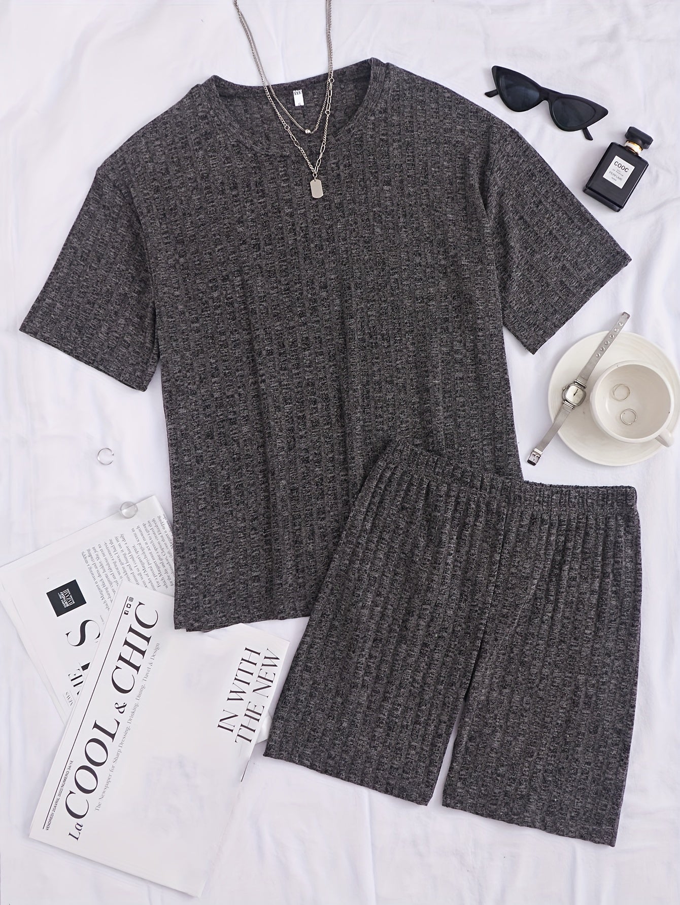 Solid Ribbed Lounge Set, Short Sleeve Crew Neck Top & Elastic Waistband Shorts, Women's Loungewear & Sleepwear.