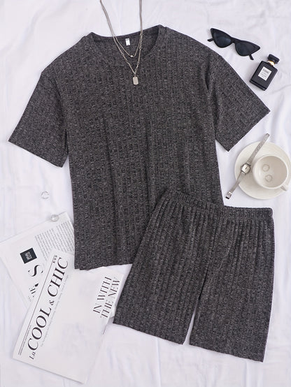 Solid Ribbed Lounge Set, Short Sleeve Crew Neck Top & Elastic Waistband Shorts, Women's Loungewear & Sleepwear.