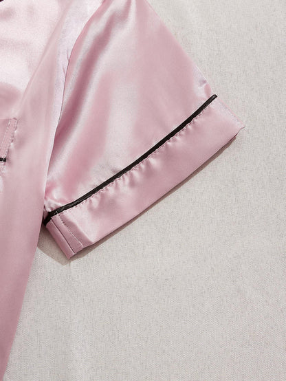 HRZN 3 Sets Satin Pajama Set, Short Sleeve Lapel Top & Elastic Waistband Shorts.