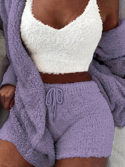 Warm Fuzzy Pajama Set, Long Sleeve Hooded Robe & Tank Top & Drawstring Shorts, Women's Sleepwear & Loungewear.