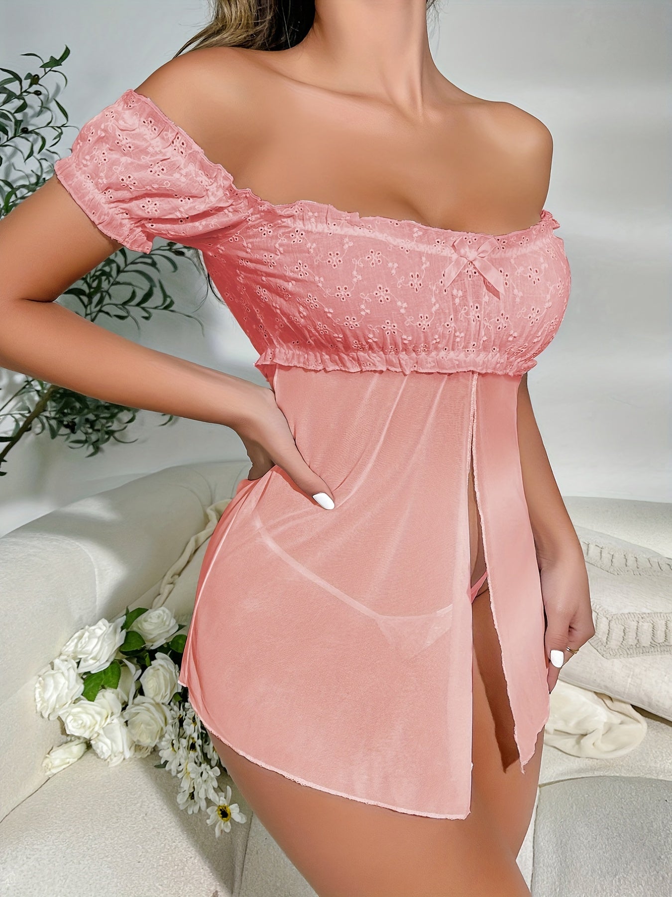 Mid Rise Semi-Sheer Mesh Lingerie Set with Floral Lace Ruffle - Elegant Sleepwear for Women with High Elasticity, Polyester and Elastane Fabric, Enhancing Confidence and Seduction.