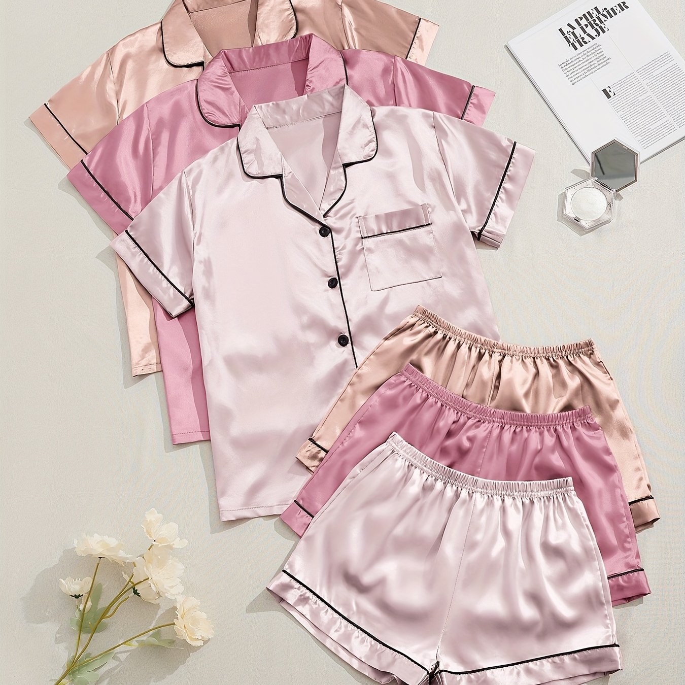 HRZN 3 Sets Satin Pajama Set, Short Sleeve Lapel Top & Elastic Waistband Shorts.