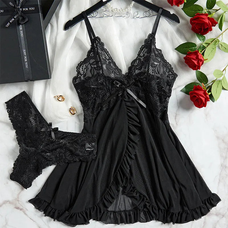 Sexy Sleepwear For Sleeping Night Dress Women Lingеrie Sets Deep V Slip Nightgowns And Panties Lace Ruffle Trim Underwear Pajama.
