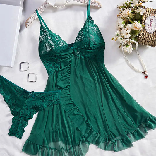 Sexy Sleepwear For Sleeping Night Dress Women Lingеrie Sets Deep V Slip Nightgowns And Panties Lace Ruffle Trim Underwear Pajama.
