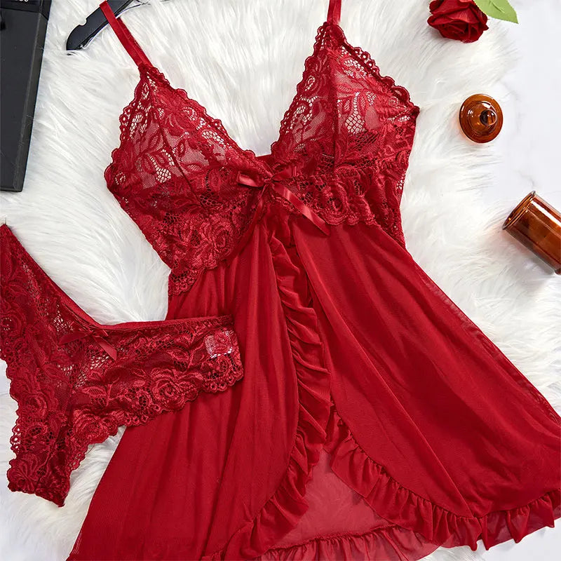Sexy Sleepwear For Sleeping Night Dress Women Lingеrie Sets Deep V Slip Nightgowns And Panties Lace Ruffle Trim Underwear Pajama.