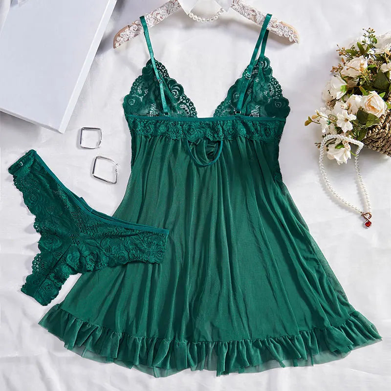 Sexy Sleepwear For Sleeping Night Dress Women Lingеrie Sets Deep V Slip Nightgowns And Panties Lace Ruffle Trim Underwear Pajama.