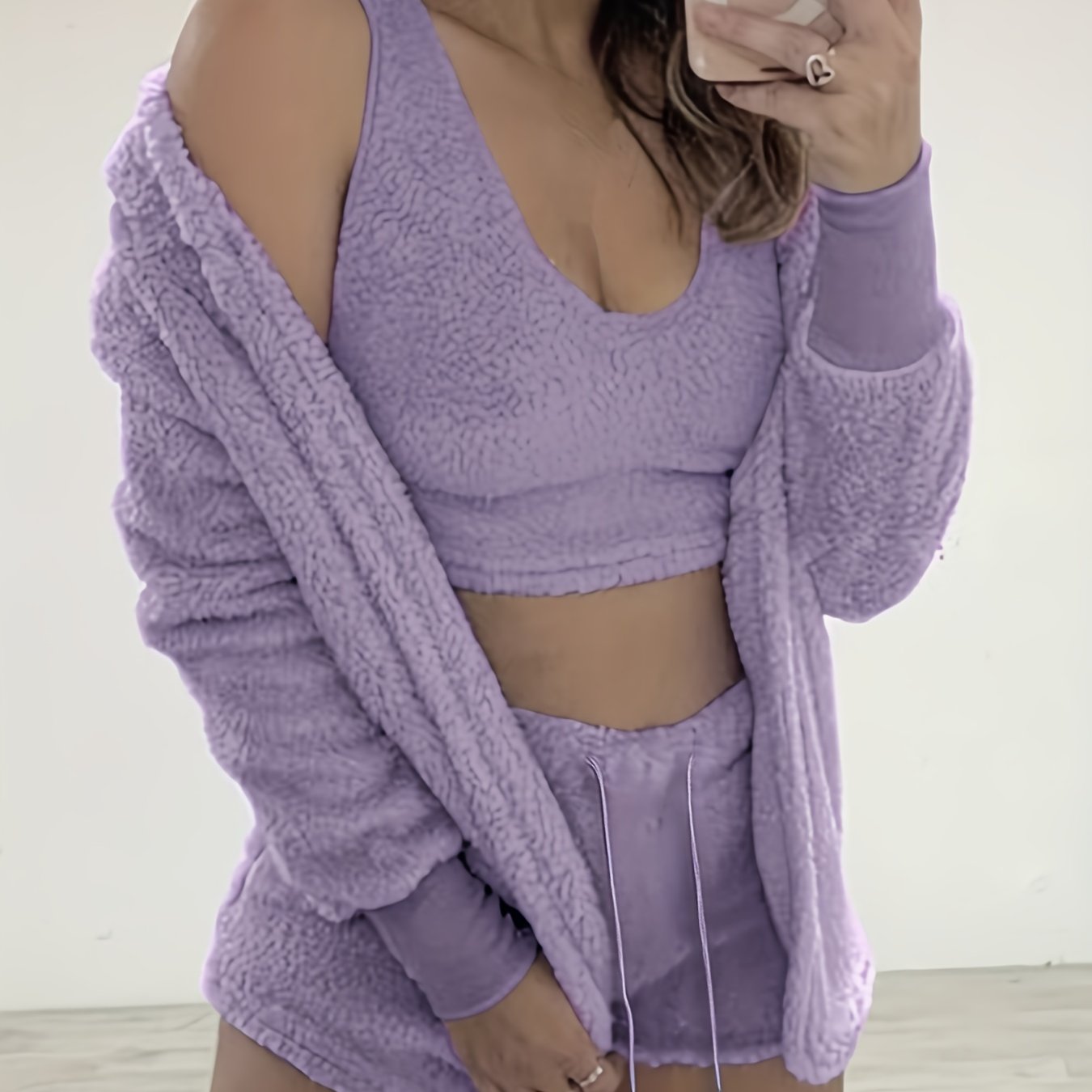 Cozy Fuzzy Lounge Set - Soft Long Sleeve Hooded Robe, Comfortable Tank Top, and Elastic Waistband Shorts for Women's Relaxation - Perfect for Loungewear and Sleepwear.