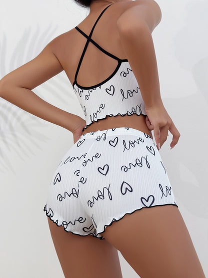 Women's Heart Print Pajama Set with Criss Cross Back Cami Top and Lettuce Trim Shorts - Comfortable Sleepwear and Loungewear.