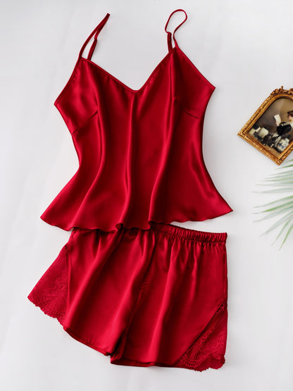 Contrast Lace Pajama Set, V Neck Backless Cami Top & Elastic Waistband Shorts, Women's Sleepwear & Loungewear.