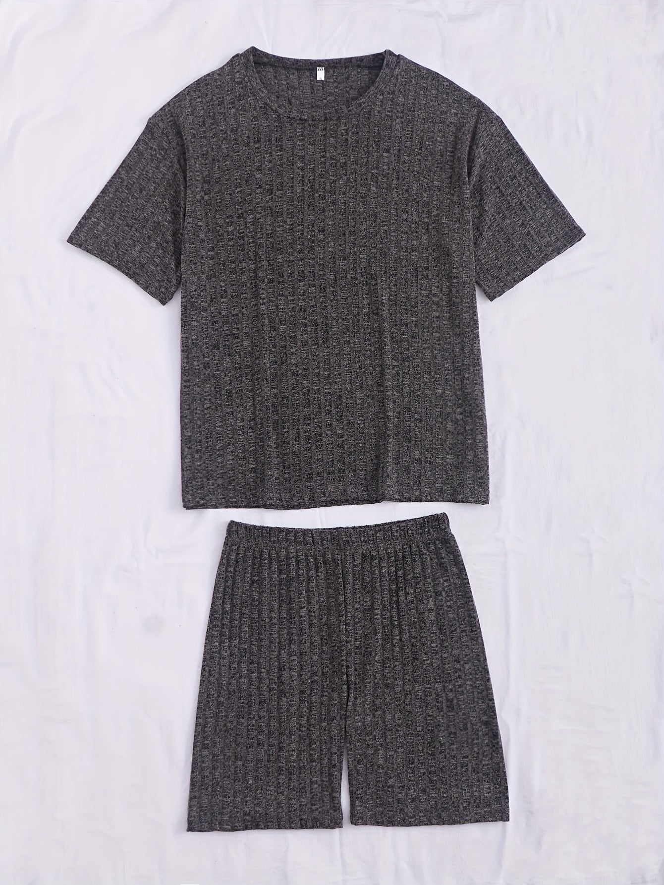 Solid Ribbed Lounge Set, Short Sleeve Crew Neck Top & Elastic Waistband Shorts, Women's Loungewear & Sleepwear.