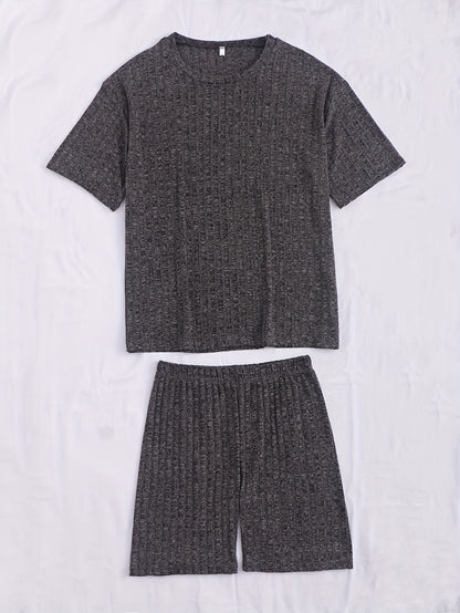 Solid Ribbed Lounge Set, Short Sleeve Crew Neck Top & Elastic Waistband Shorts, Women's Loungewear & Sleepwear.