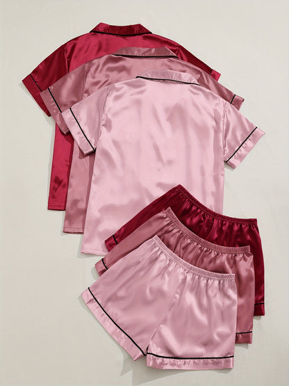 HRZN 3 Sets Satin Pajama Set, Short Sleeve Lapel Top & Elastic Waistband Shorts.