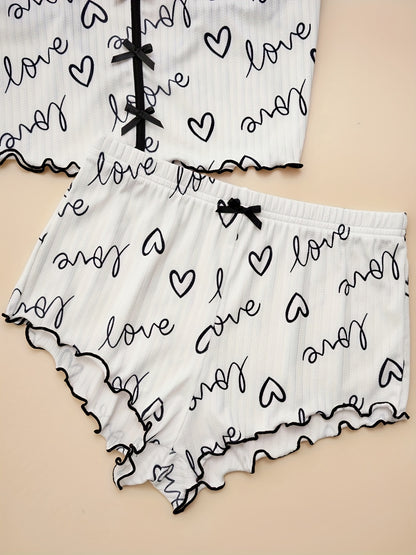 Women's Heart Print Pajama Set with Criss Cross Back Cami Top and Lettuce Trim Shorts - Comfortable Sleepwear and Loungewear.