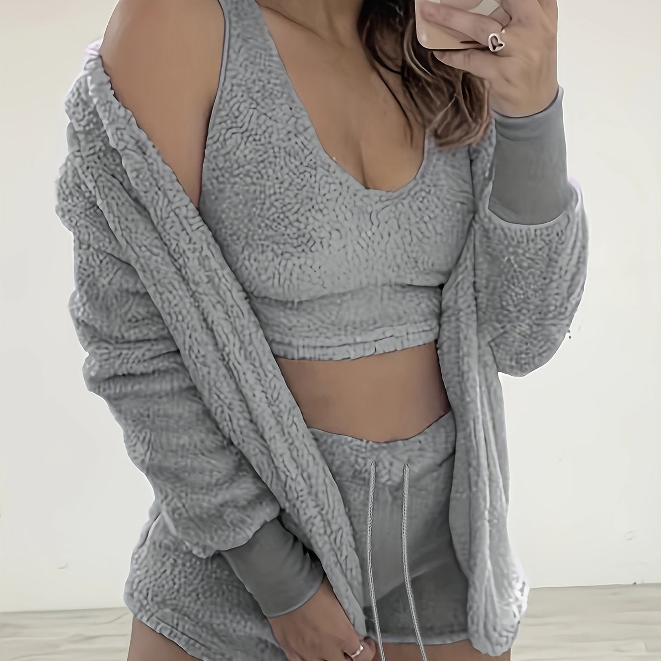 Cozy Fuzzy Lounge Set - Soft Long Sleeve Hooded Robe, Comfortable Tank Top, and Elastic Waistband Shorts for Women's Relaxation - Perfect for Loungewear and Sleepwear.