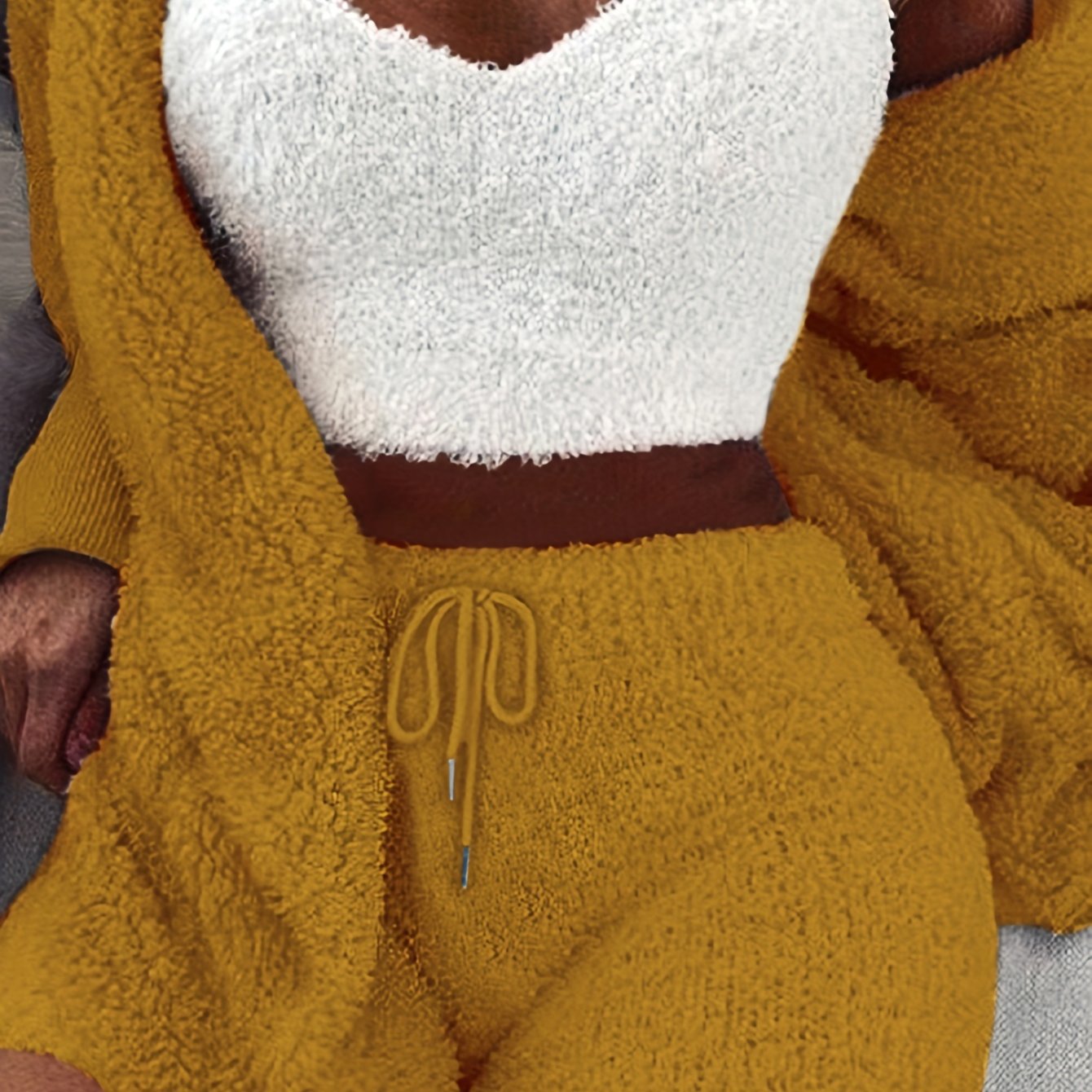 Warm Fuzzy Pajama Set, Long Sleeve Hooded Robe & Tank Top & Drawstring Shorts, Women's Sleepwear & Loungewear.