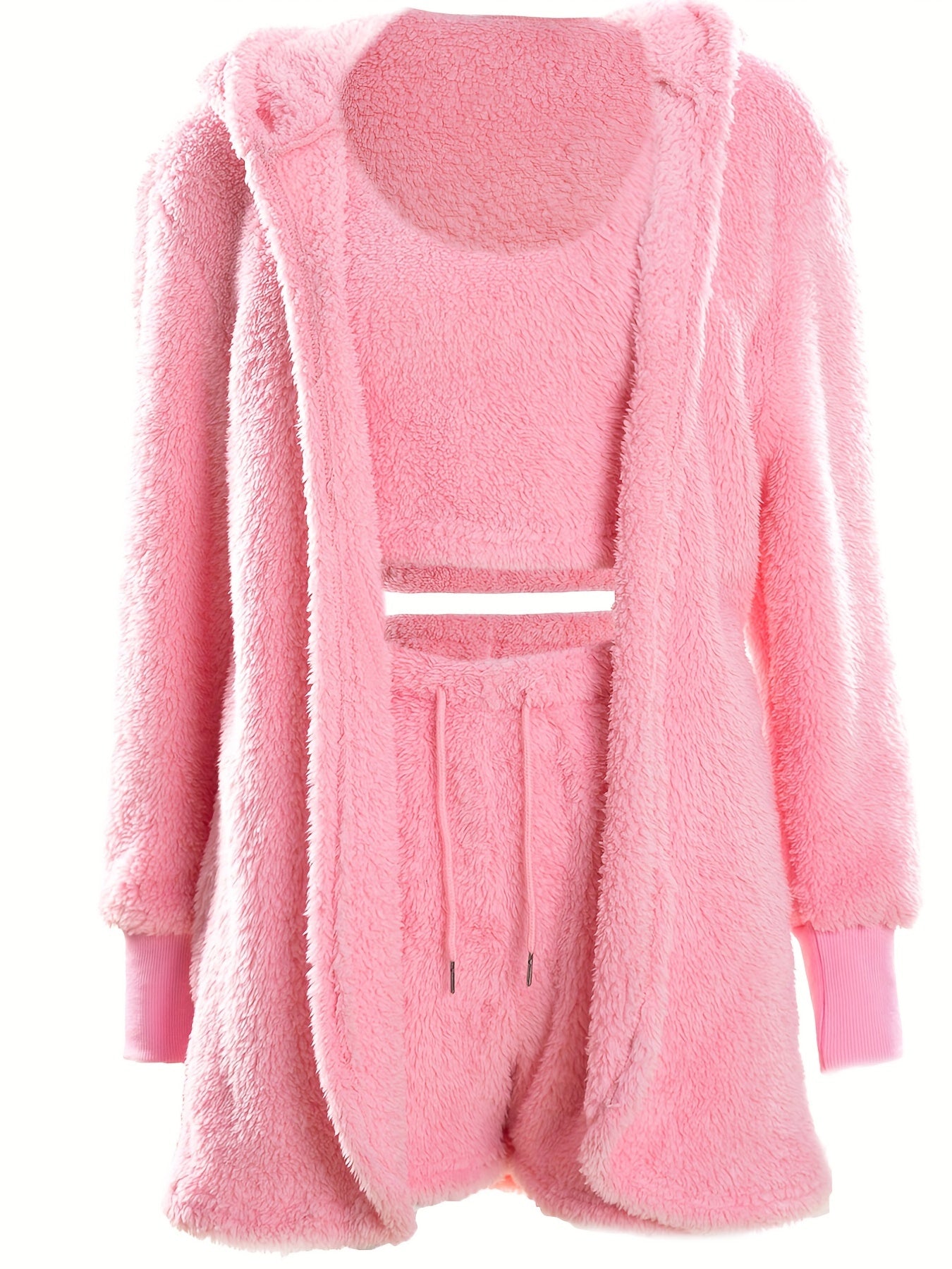 Cozy Fuzzy Lounge Set - Soft Long Sleeve Hooded Robe, Comfortable Tank Top, and Elastic Waistband Shorts for Women's Relaxation - Perfect for Loungewear and Sleepwear.