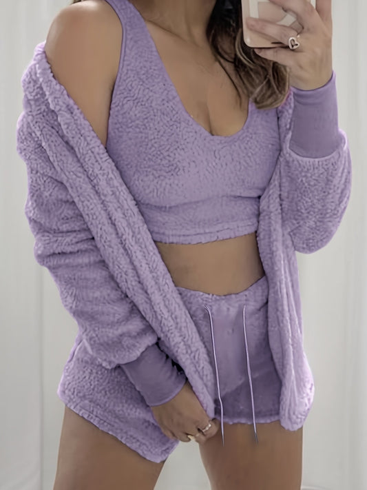 Cozy Fuzzy Lounge Set - Soft Long Sleeve Hooded Robe, Comfortable Tank Top, and Elastic Waistband Shorts for Women's Relaxation - Perfect for Loungewear and Sleepwear.