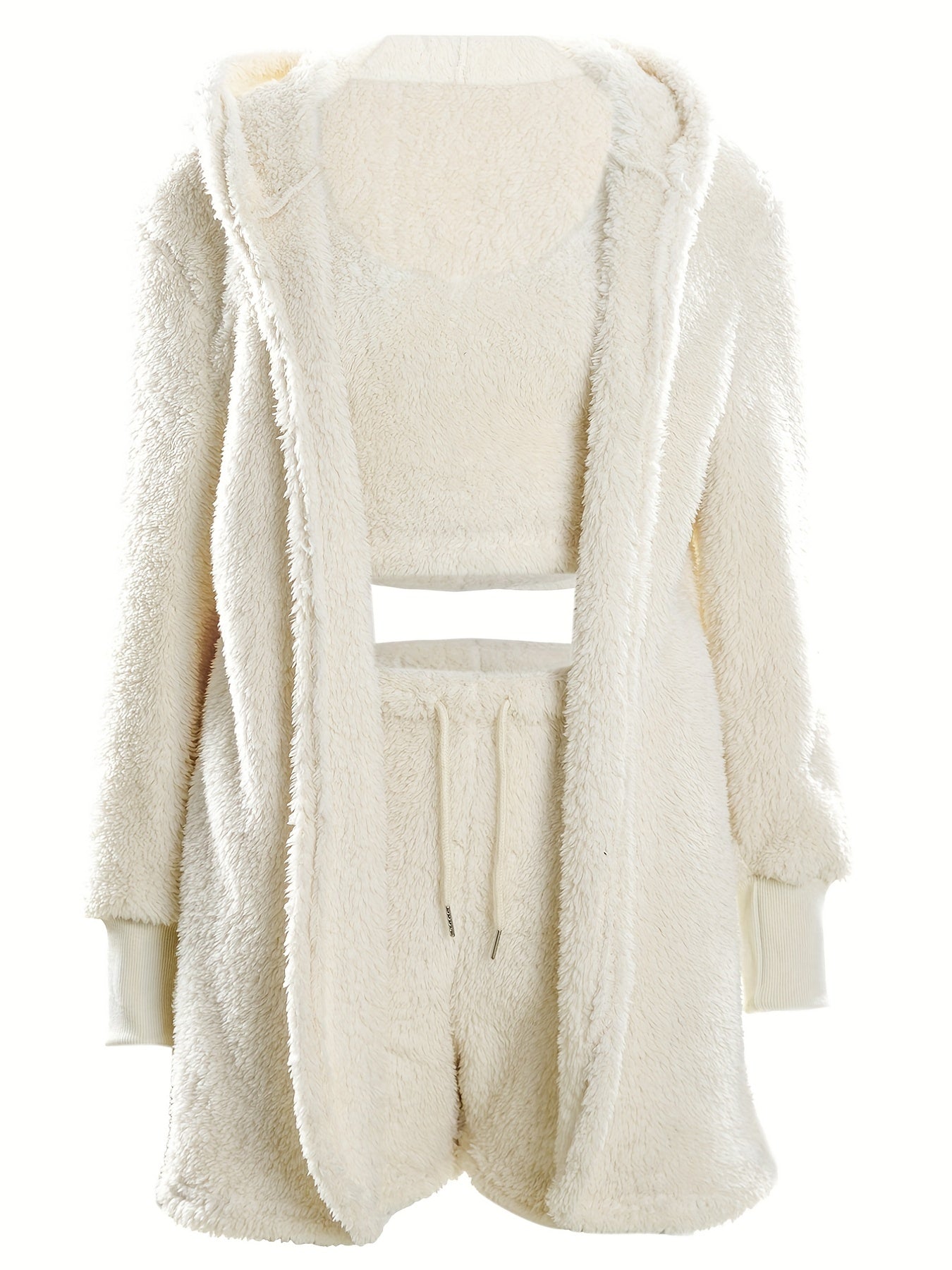 Cozy Fuzzy Lounge Set - Soft Long Sleeve Hooded Robe, Comfortable Tank Top, and Elastic Waistband Shorts for Women's Relaxation - Perfect for Loungewear and Sleepwear.