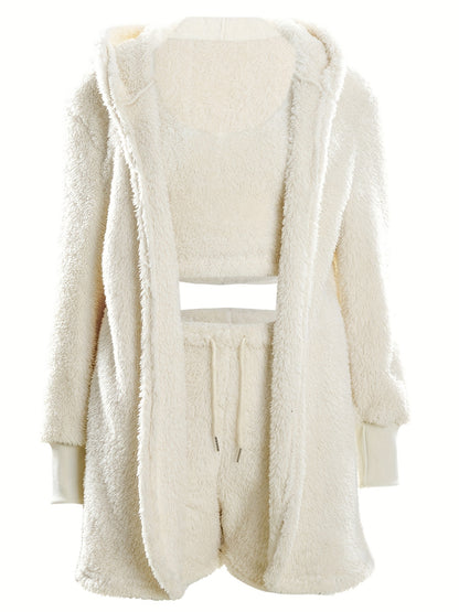 Cozy Fuzzy Lounge Set - Soft Long Sleeve Hooded Robe, Comfortable Tank Top, and Elastic Waistband Shorts for Women's Relaxation - Perfect for Loungewear and Sleepwear.