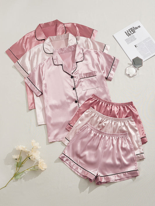 HRZN 3 Sets Satin Pajama Set, Short Sleeve Lapel Top & Elastic Waistband Shorts.