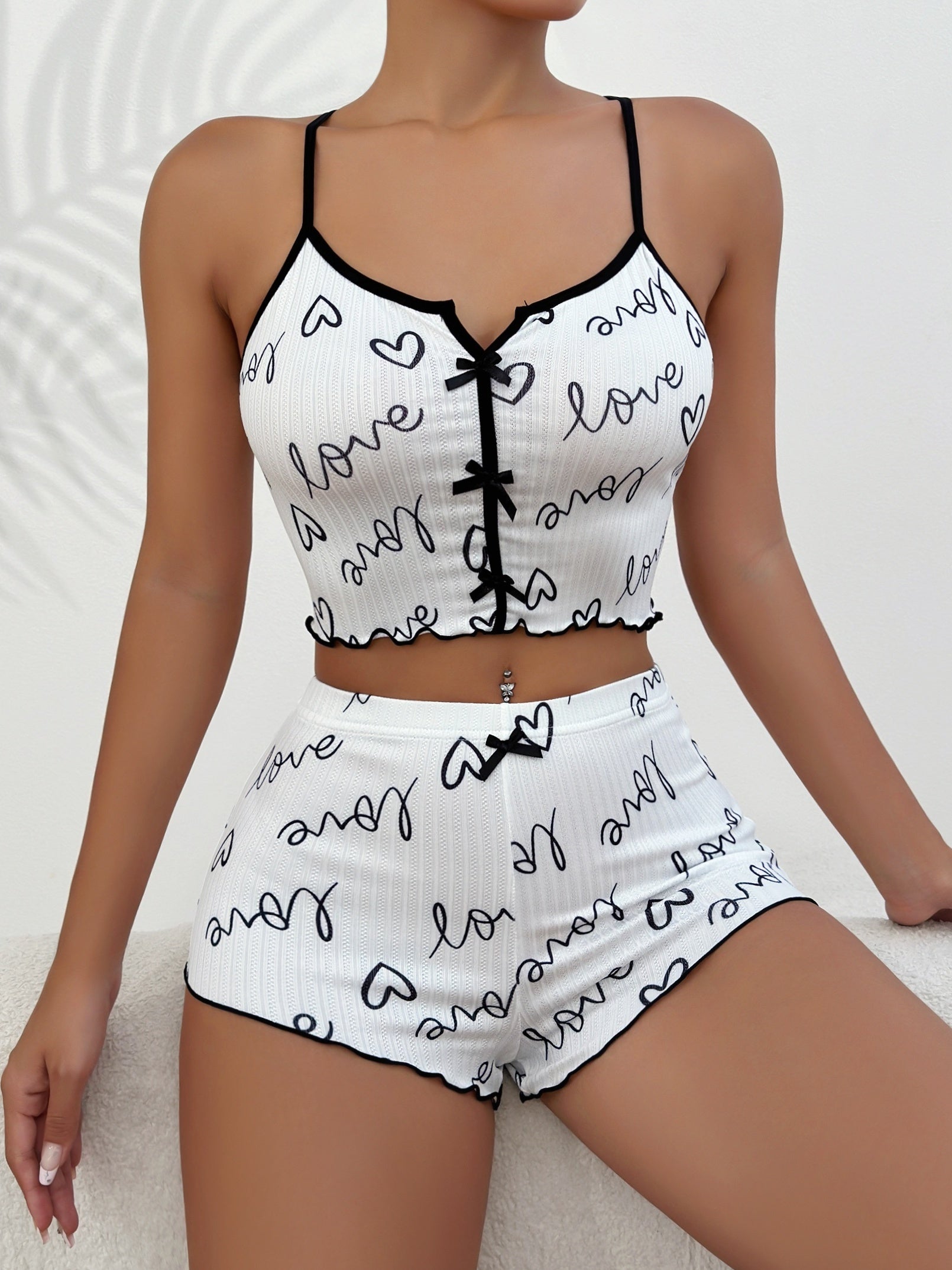 Women's Heart Print Pajama Set with Criss Cross Back Cami Top and Lettuce Trim Shorts - Comfortable Sleepwear and Loungewear.