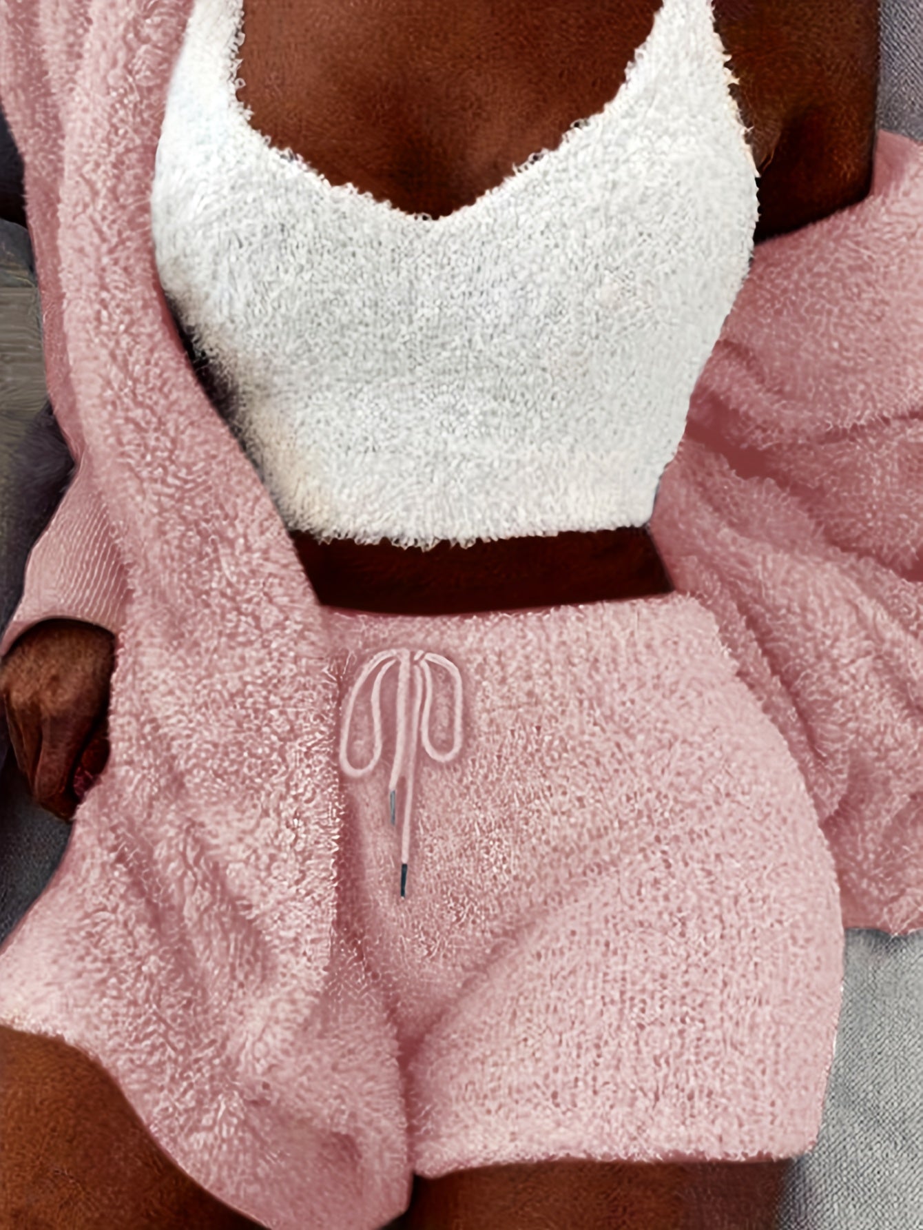 Warm Fuzzy Pajama Set, Long Sleeve Hooded Robe & Tank Top & Drawstring Shorts, Women's Sleepwear & Loungewear.