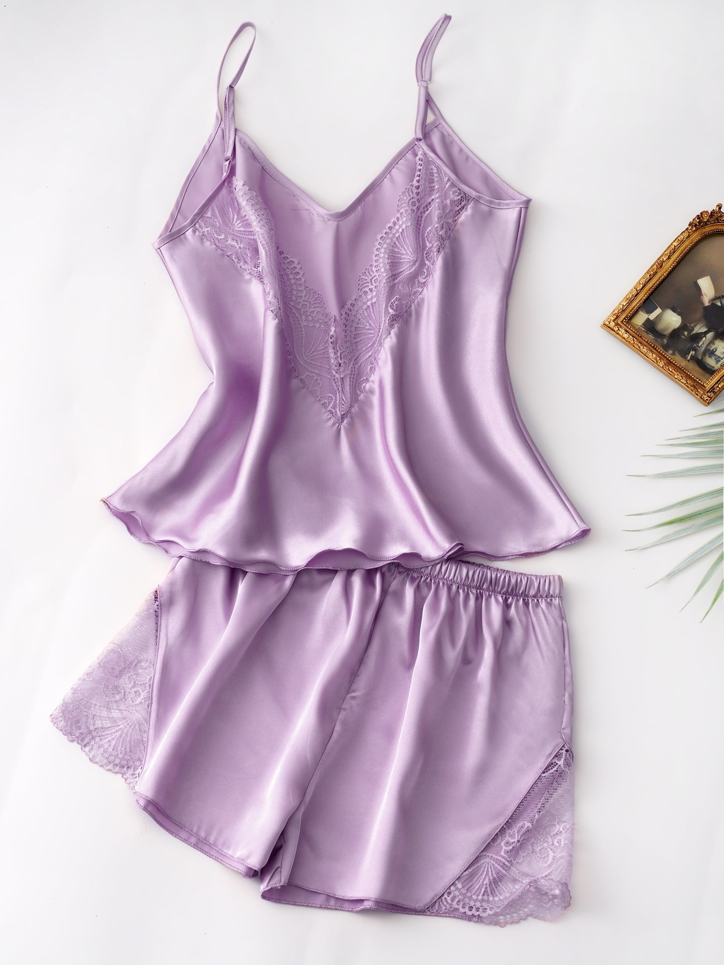 Contrast Lace Pajama Set, V Neck Backless Cami Top & Elastic Waistband Shorts, Women's Sleepwear & Loungewear.