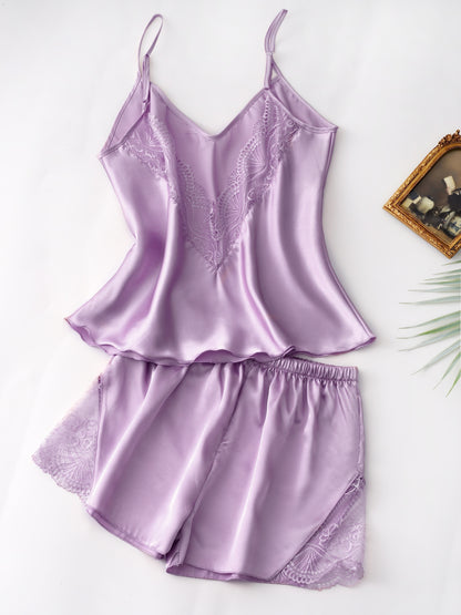 Contrast Lace Pajama Set, V Neck Backless Cami Top & Elastic Waistband Shorts, Women's Sleepwear & Loungewear.