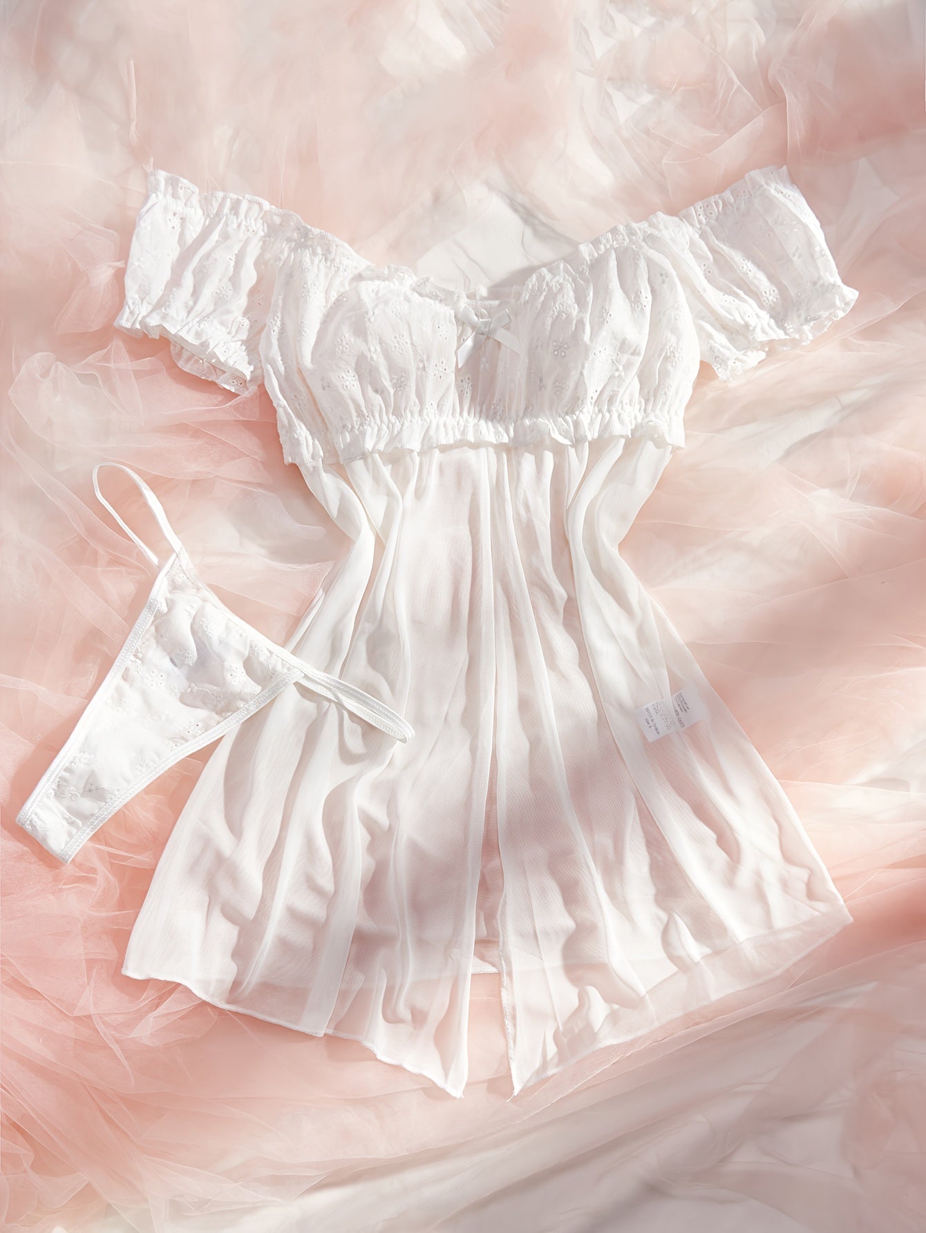 Mid Rise Semi-Sheer Mesh Lingerie Set with Floral Lace Ruffle - Elegant Sleepwear for Women with High Elasticity, Polyester and Elastane Fabric, Enhancing Confidence and Seduction.