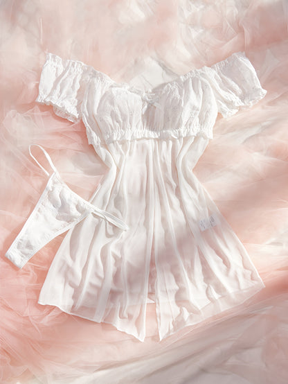 Mid Rise Semi-Sheer Mesh Lingerie Set with Floral Lace Ruffle - Elegant Sleepwear for Women with High Elasticity, Polyester and Elastane Fabric, Enhancing Confidence and Seduction.