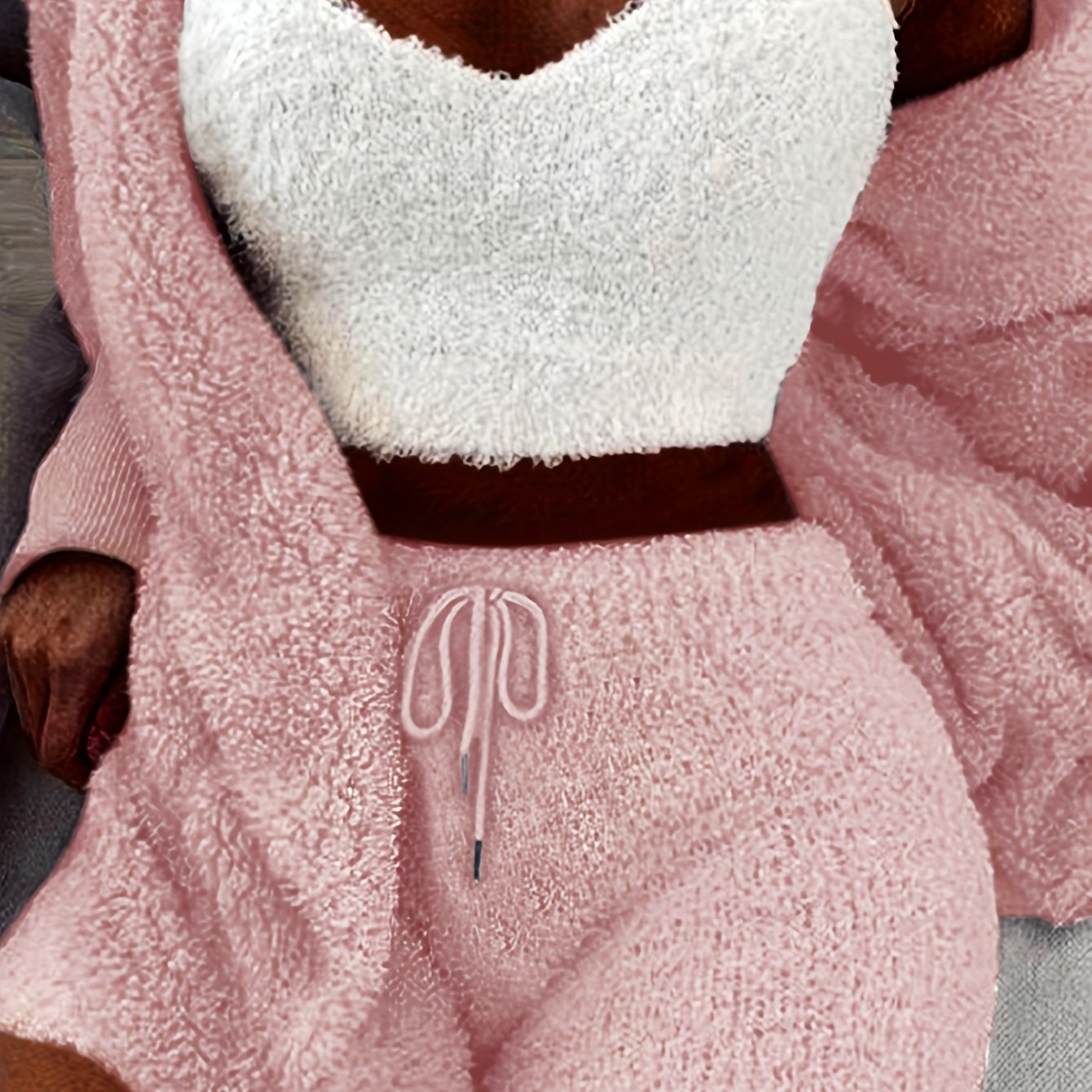 Warm Fuzzy Pajama Set, Long Sleeve Hooded Robe & Tank Top & Drawstring Shorts, Women's Sleepwear & Loungewear.