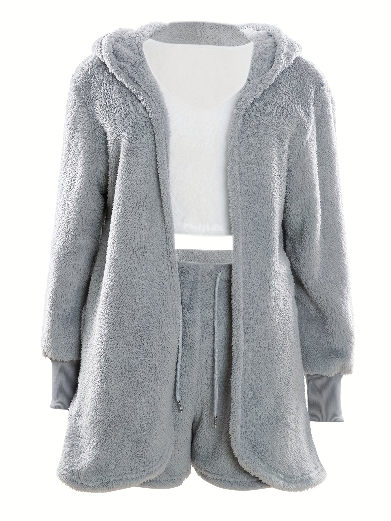 Warm Fuzzy Pajama Set, Long Sleeve Hooded Robe & Tank Top & Drawstring Shorts, Women's Sleepwear & Loungewear.