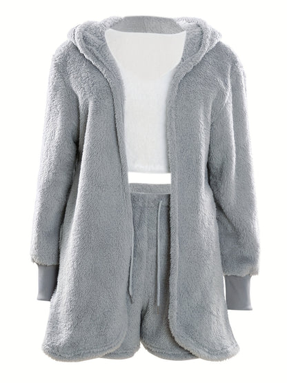 Warm Fuzzy Pajama Set, Long Sleeve Hooded Robe & Tank Top & Drawstring Shorts, Women's Sleepwear & Loungewear.
