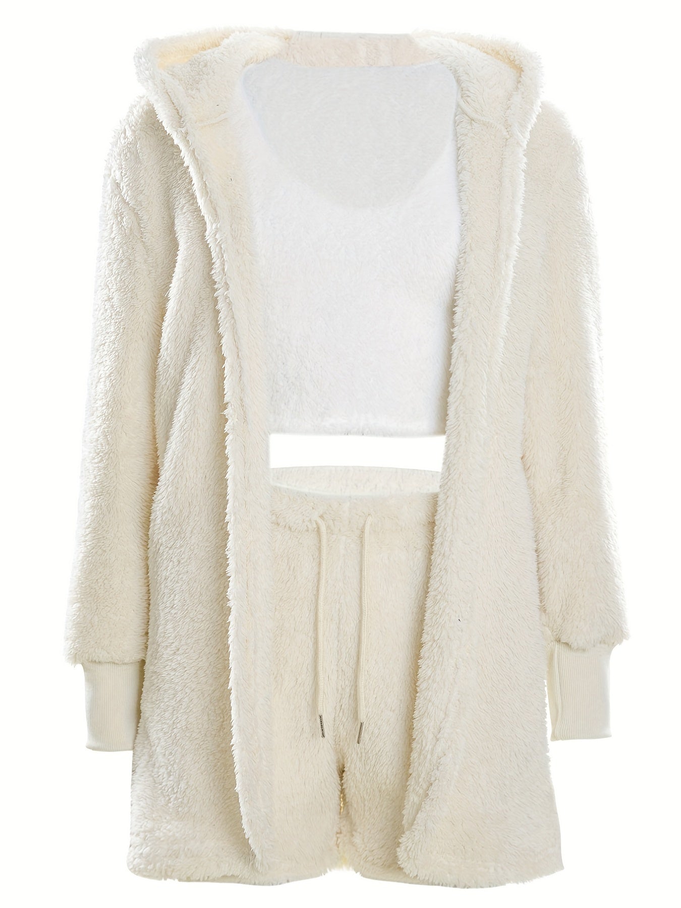 Warm Fuzzy Pajama Set, Long Sleeve Hooded Robe & Tank Top & Drawstring Shorts, Women's Sleepwear & Loungewear.