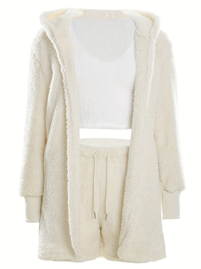 Warm Fuzzy Pajama Set, Long Sleeve Hooded Robe & Tank Top & Drawstring Shorts, Women's Sleepwear & Loungewear.