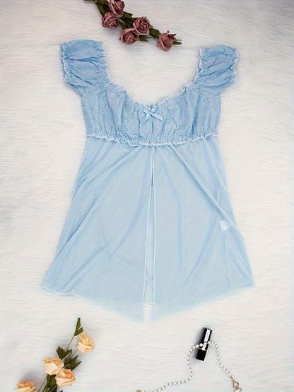 Mid Rise Semi-Sheer Mesh Lingerie Set with Floral Lace Ruffle - Elegant Sleepwear for Women with High Elasticity, Polyester and Elastane Fabric, Enhancing Confidence and Seduction.