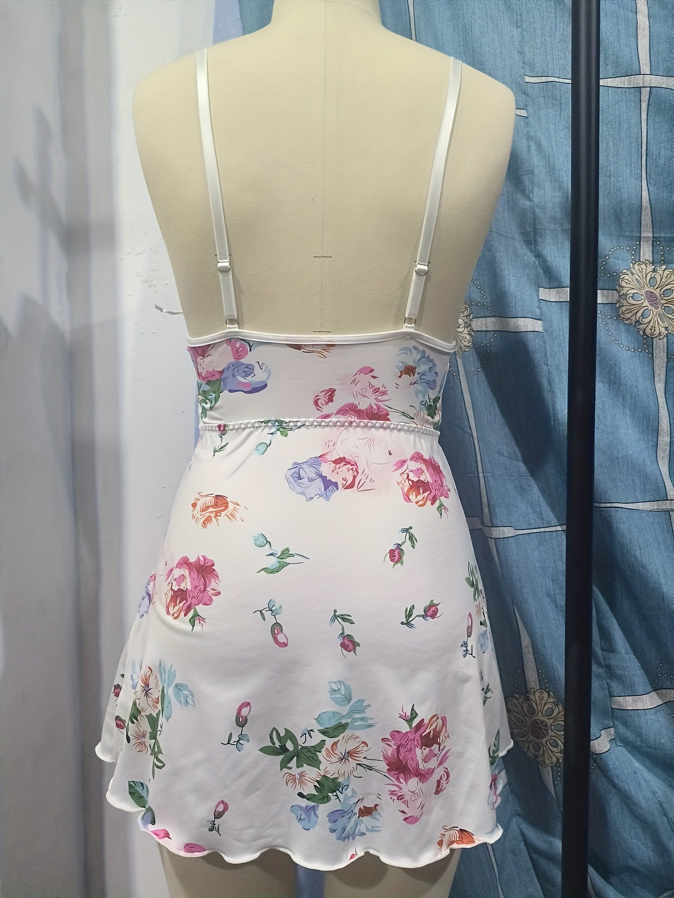 HRZN Sensual Women's Floral Print Slip Nightdress, Sexy Deep V Hollow Out Lace Trim Sleep Dress.