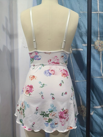 HRZN Sensual Women's Floral Print Slip Nightdress, Sexy Deep V Hollow Out Lace Trim Sleep Dress.