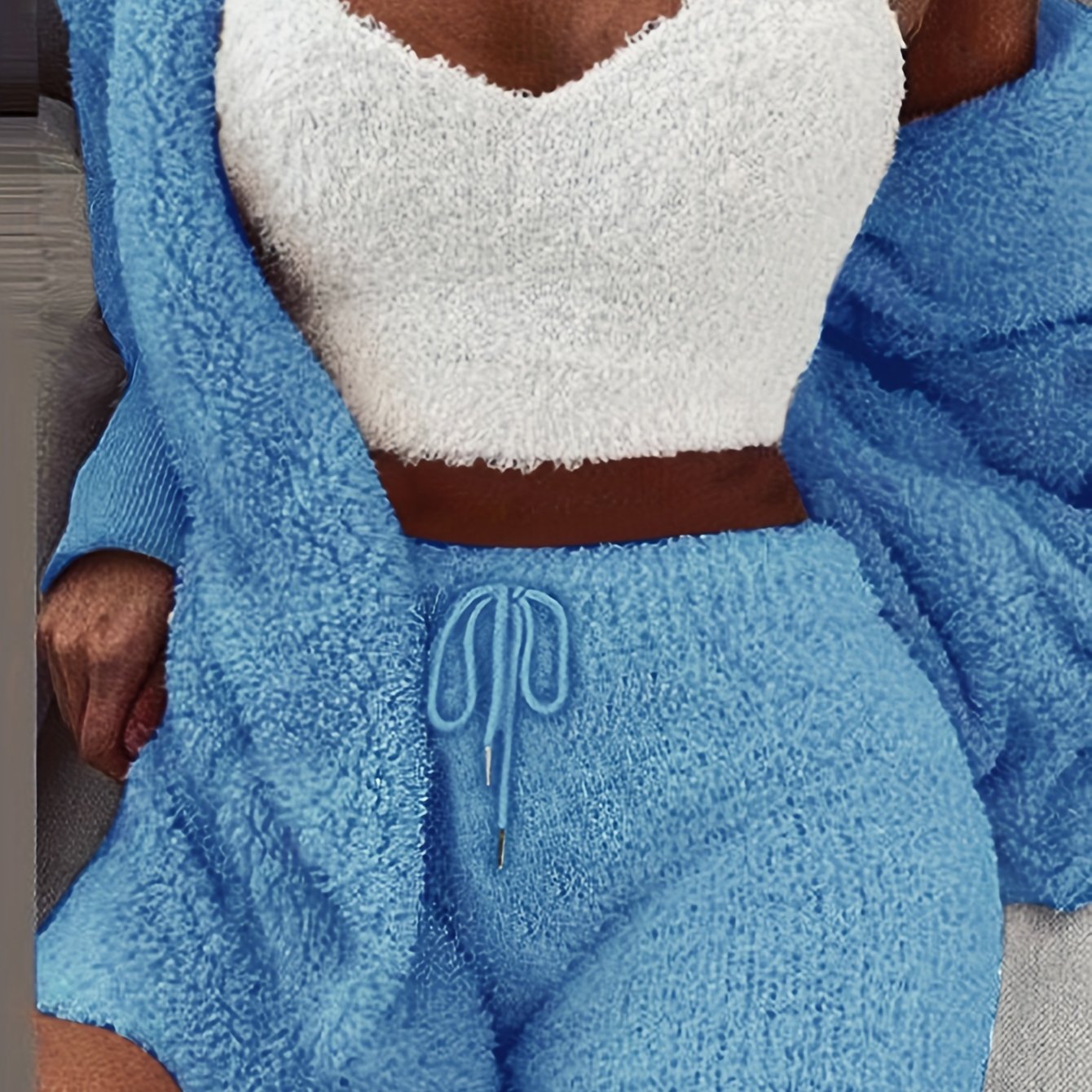 Warm Fuzzy Pajama Set, Long Sleeve Hooded Robe & Tank Top & Drawstring Shorts, Women's Sleepwear & Loungewear.