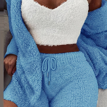 Warm Fuzzy Pajama Set, Long Sleeve Hooded Robe & Tank Top & Drawstring Shorts, Women's Sleepwear & Loungewear.