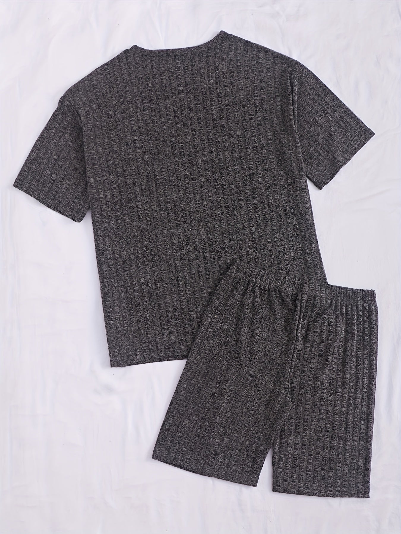 Solid Ribbed Lounge Set, Short Sleeve Crew Neck Top & Elastic Waistband Shorts, Women's Loungewear & Sleepwear.