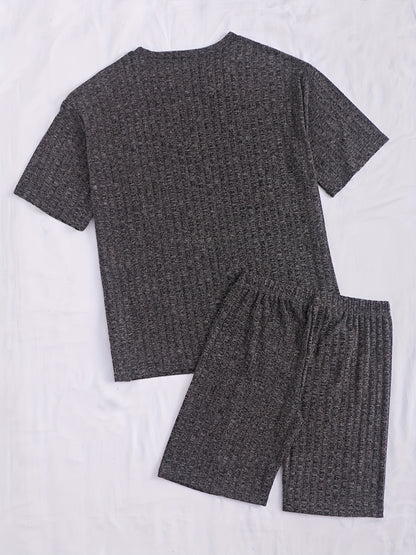 Solid Ribbed Lounge Set, Short Sleeve Crew Neck Top & Elastic Waistband Shorts, Women's Loungewear & Sleepwear.
