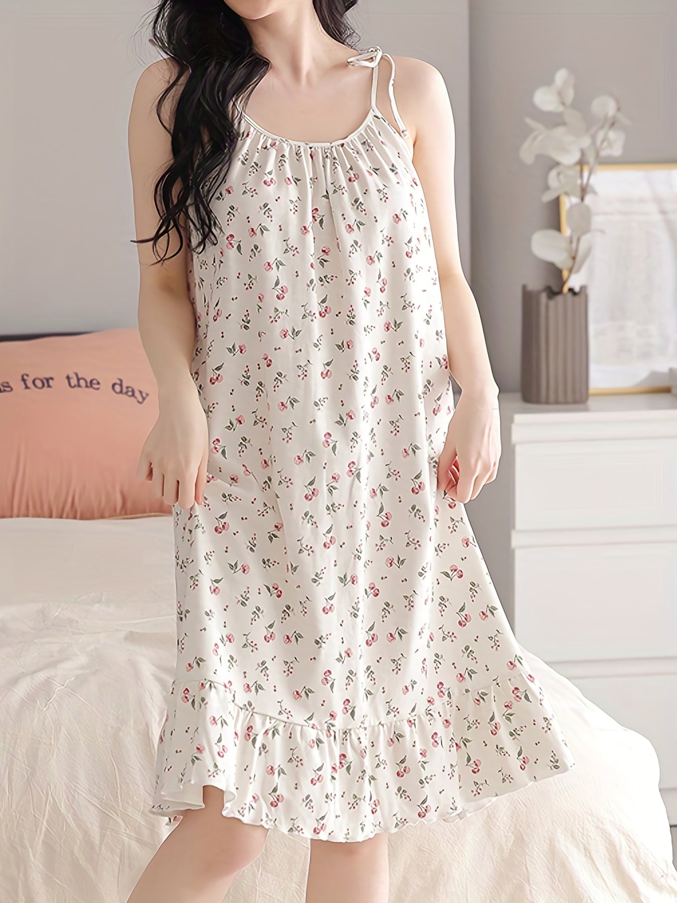 Romantic Floral Print Nightdress - Soft & Sweet Lace-Up Ruffle Slip Dress for Women - Comfortable Sleepwear, Nighttime Elegance.