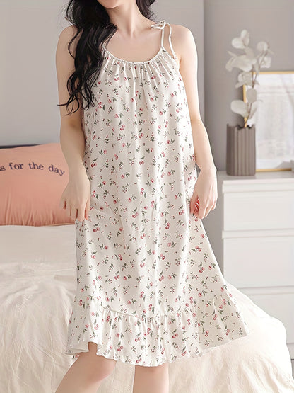 Romantic Floral Print Nightdress - Soft & Sweet Lace-Up Ruffle Slip Dress for Women - Comfortable Sleepwear, Nighttime Elegance.