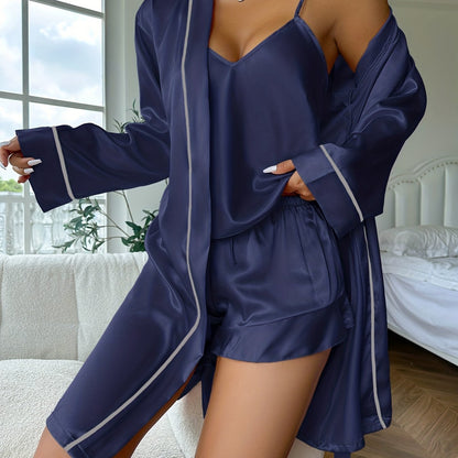 Luxurious Satin Pajama Set - Cozy Long Sleeve Robe with Belt, V-Neck Cami Top & Shorts - Womens Effortless Sleepwear and Lounging Elegance.